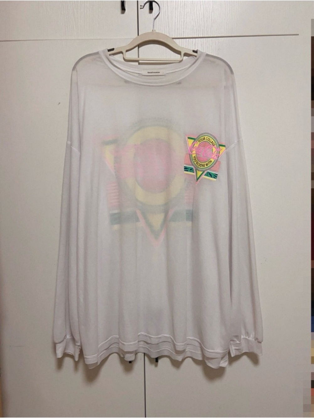 White Long-Sleeve Graphic Crewneck Tee with Neon Badge